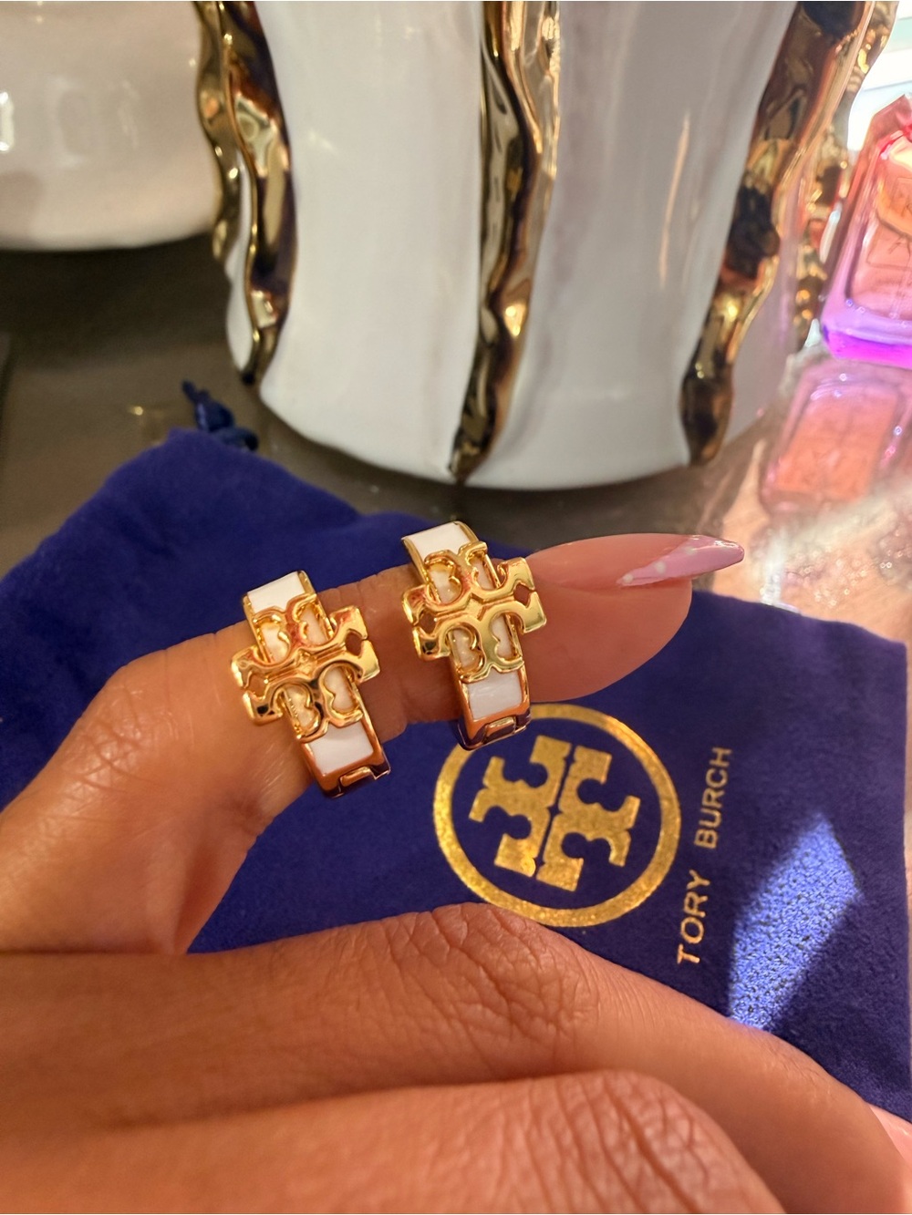 Tory Burch White Enamel & Gold Logo Huggie Hoop Earrings